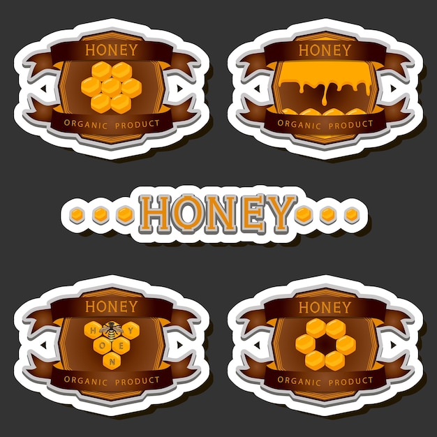 Illustrazione sul tema per l'etichetta del miele zuccherato che scorre nel favo con l'ape