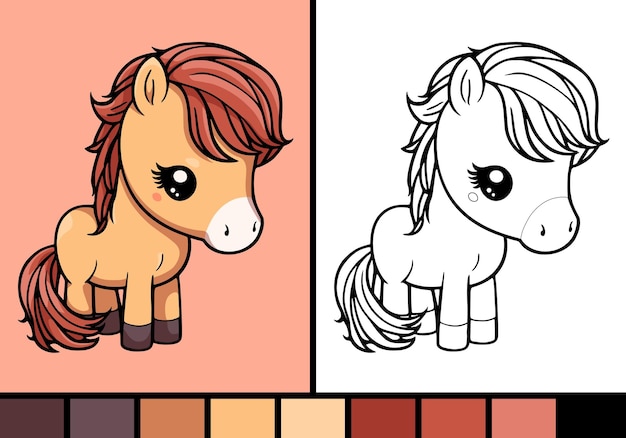 Illustrazione sveglia del fumetto del cavallo del bambino nell'animale del bambino di stile della pagina da colorare