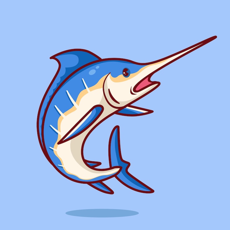Vettore illustrazione sveglia dell'icona di vettore del fumetto del pesce del marlin blu