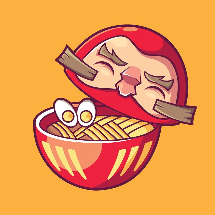 Vettore illustrazione sveglia della mascotte del ramen di daruma