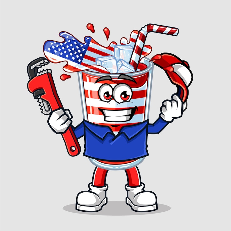 Vettore illustrazione sveglia della mascotte di vettore dell'idraulico della bandiera della bevanda dell'america