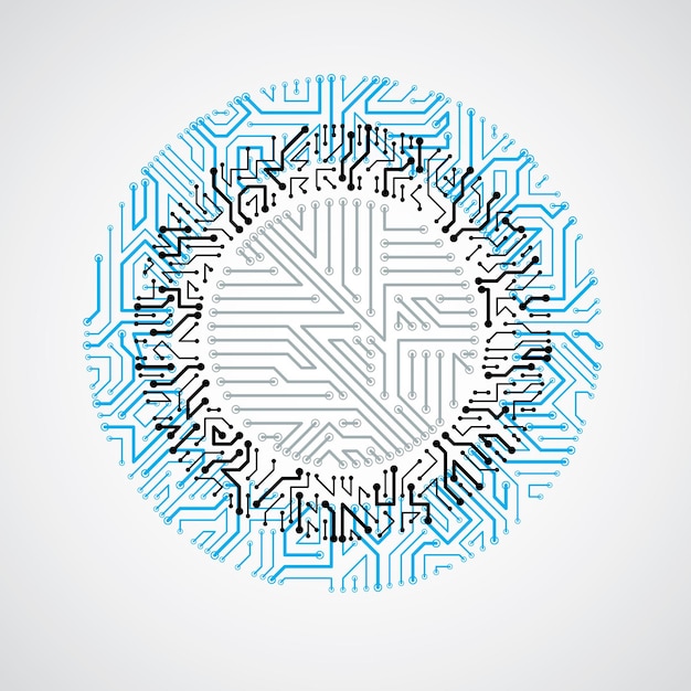 Illustrazione tecnologia colorata astratta vettoriale con circuito stampato blu rotondo. Schema digitale circolare ad alta tecnologia del dispositivo elettronico.