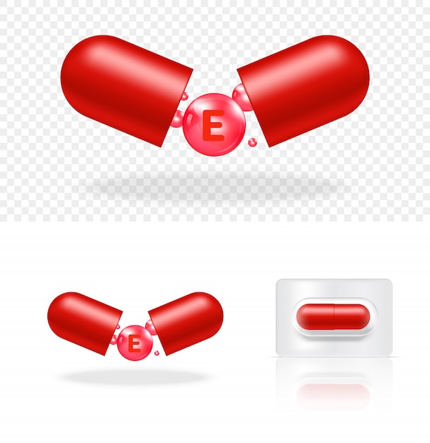 Illustrazione trasparente realistica del pannello della capsula della medicina della vitamina E della pillola. Concetto medico e sanitario delle compresse.