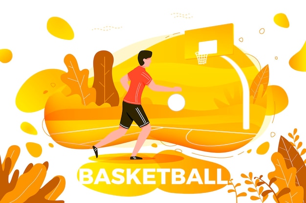 illustrazione - uomo sportivo, giocare a basket. corte, parco, alberi, colline su sfondo autunnale