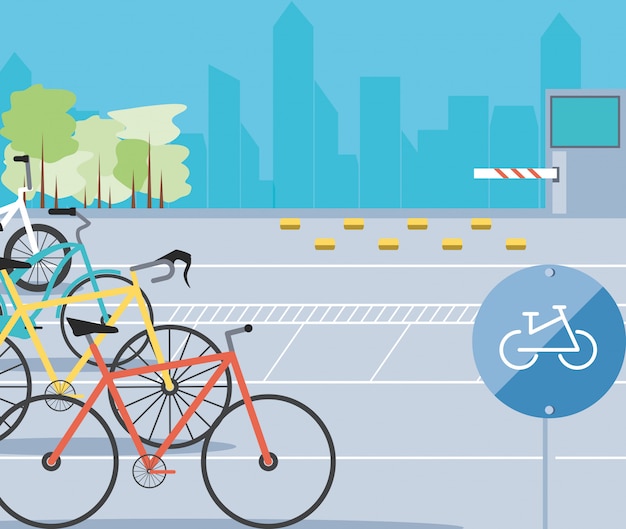 Illustrazione urbana di scena di zona di parcheggio della bicicletta