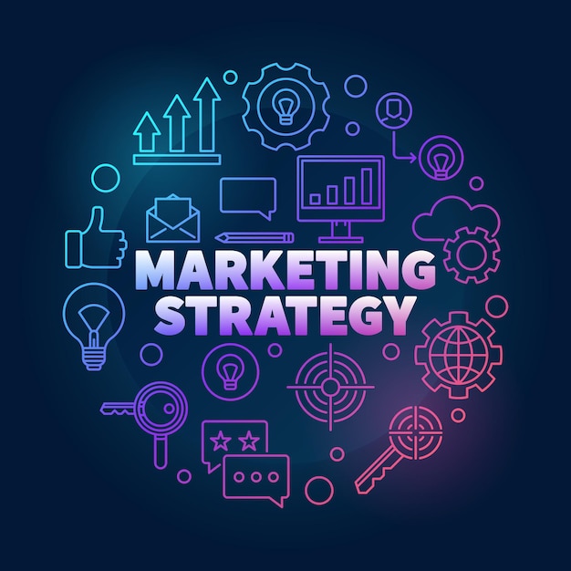 Illustrazione variopinta di vettore di strategia di marketing nello stile della linea sottile