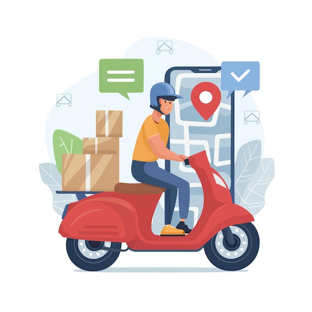 Illustrazione vettoriale 2D Un corriere che indossa una camicia sta consegnando un pacco mobile con GPS di localizzazione