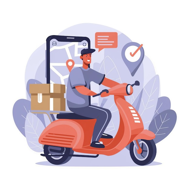 Illustrazione vettoriale 2D Un corriere che indossa una camicia sta consegnando un pacco mobile con GPS di localizzazione