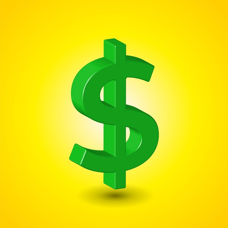 Illustrazione vettoriale 3D del segno del dollaro verde isolato su sfondo giallo. Simbolo di valuta americana.