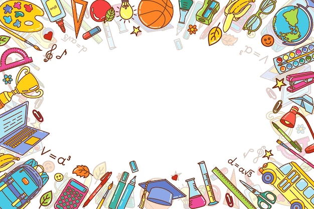 Illustrazione vettoriale a confine a tema scolastico colorato con rifornimenti e strumenti educativi cornice scolastica