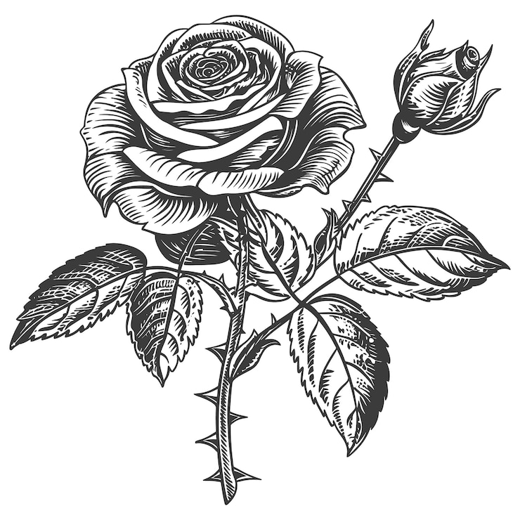 Vettore illustrazione vettoriale a disegno in stile intaglio a legno di rosa con foglie di fiore