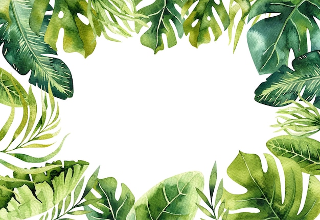 Illustrazione vettoriale ad acquerello Cornice tropicale estiva con foglie di banana monstera e foglie di palma Perfetto per inviti di nozze stampa cartoline poster