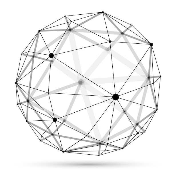 Illustrazione vettoriale astratta della sfera della maglia 3D, punti collegati con l'oggetto poligonale della tecnologia delle linee isolato su sfondo bianco, reticolo dinamico con effetto di profondità di campo realistico.