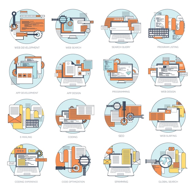 Illustrazione vettoriale, background piatto, codifica, programmazione, ottimizzazione dei motori di ricerca.