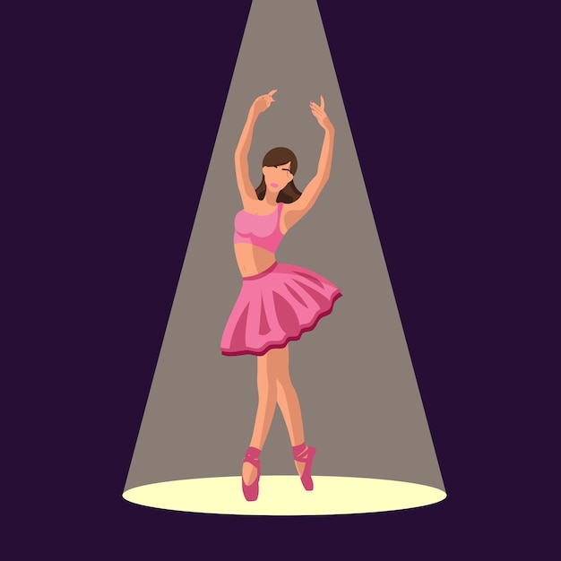 Illustrazione vettoriale balletto classico ballerina bianca caucasica in un tutù rosa e balli di scarpe da punta sotto i riflettori su sfondo viola scuro Bella giovane ballerina senza volto in uno stile piatto