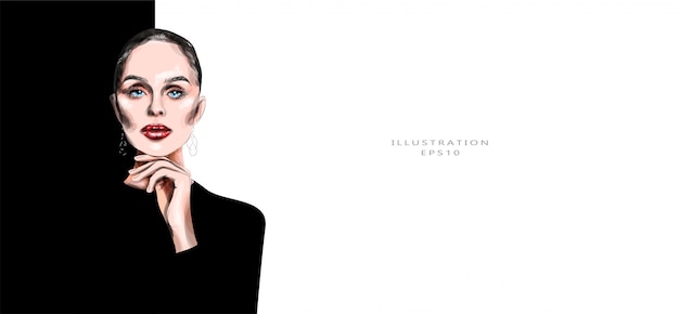 Illustrazione vettoriale Bella giovane signora in abiti neri. Trucco luminoso. Illustrazione alla moda.