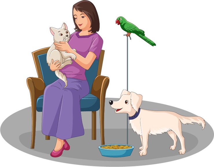 Vettore illustrazione vettoriale che mostra una donna che ha diversi animali da compagnia cane pappagallo e gatto