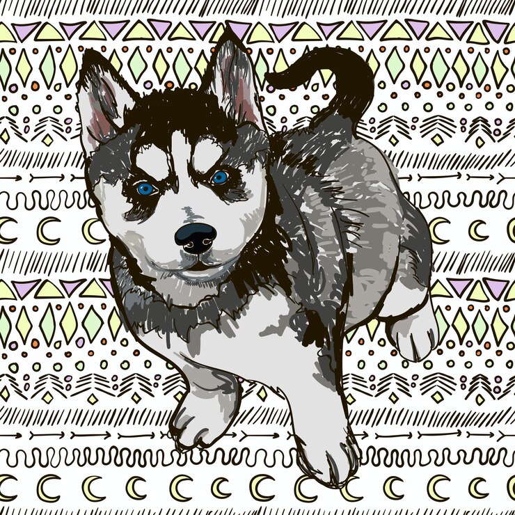 Vettore illustrazione vettoriale colorato del cane di razza husky isolato su sfondo bianco