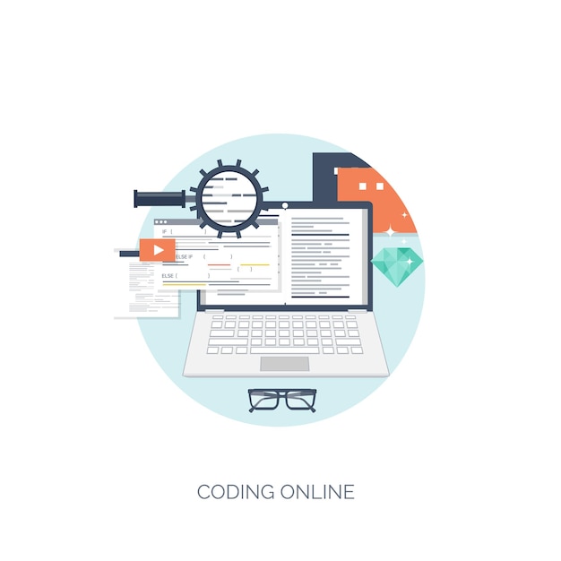 Illustrazione vettoriale computazione piatta background programmazione codifica sviluppo web e ricerca SEO