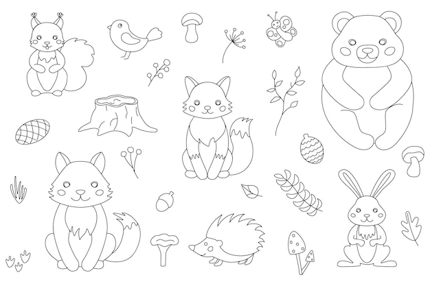 Illustrazione vettoriale con graziosi animali della foresta nello stile di linart
