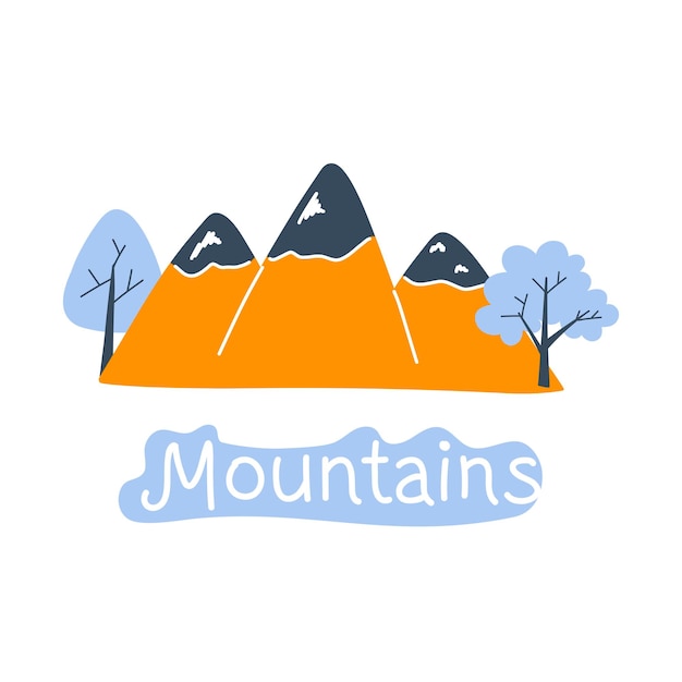 Illustrazione vettoriale con montagne e alberi colorati carini e le montagne con scritte in stile doodle