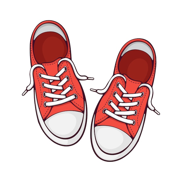 Illustrazione vettoriale Coppia sneaker in tessuto rosso con punta in gomma e allacciatura allentata