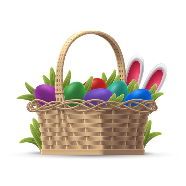 Illustrazione vettoriale del cesto di vimini 3D con uova di Pasqua dipinte e orecchie da coniglio in erba Modello realistico volumetrico isolato per banner biglietto di auguri Sfondo colorato