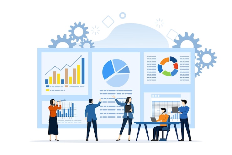 Vettore illustrazione vettoriale del concetto di analisi di grafici statistici con impiegati che studiano infografiche