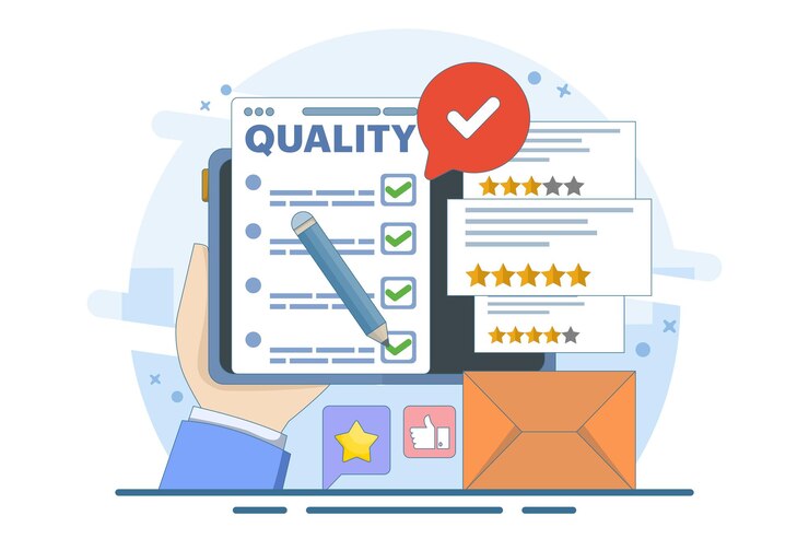 Vettore illustrazione vettoriale del concetto di controllo della qualità e dell'attuazione del processo di controllo della qualità