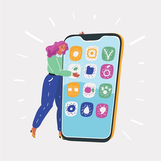 Illustrazione vettoriale del concetto di conversazione online vita virtuale di ragazza felice donna ottenere abbracciando un grande telefono con entrambe le mani su sfondo bianco