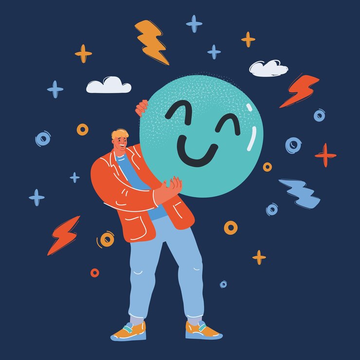 Vettore illustrazione vettoriale del concetto di feedback uomo tiene l'icona delle emozioni felici nella sua consegna sfondo scuro