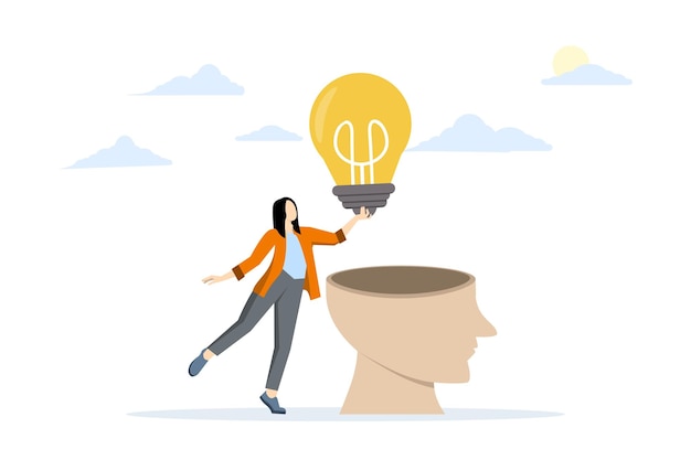 illustrazione vettoriale del concetto di idee creative in affari con una donna che dà una lampadina