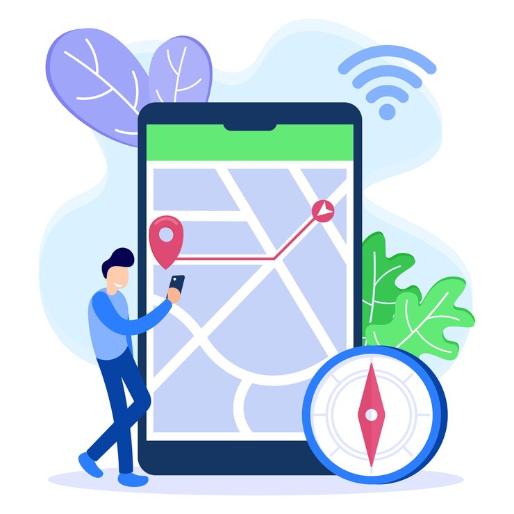 Vettore illustrazione vettoriale del concetto di mappa di navigazione gps, applicazione di mappa per smartphone e punto rosso sullo schermo. indicazioni per la posizione specificata.