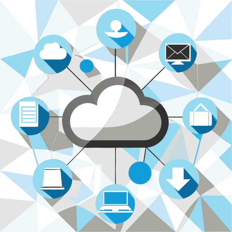 Vettore illustrazione vettoriale del concetto tecnologico con elementi di stile piatto di progettazione del cloud computing
