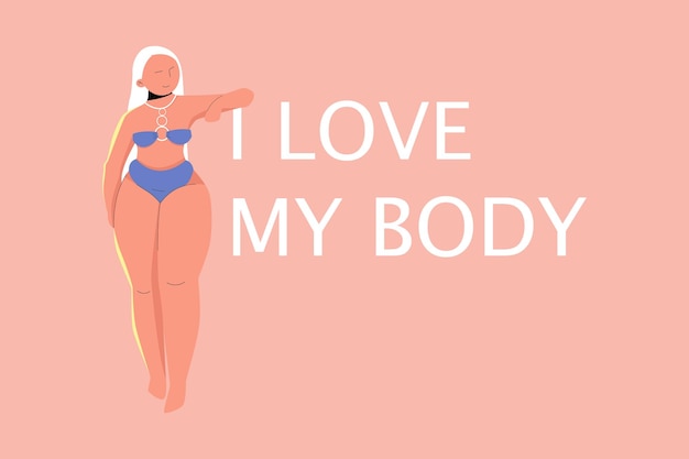 Illustrazione vettoriale del corpo positivo Plus size donna vestita in costume da bagno Felice ragazza sovrappeso in stile cartone animato piatto Slogan di attivisti disegnati a mano My Body My Choice Woman cita