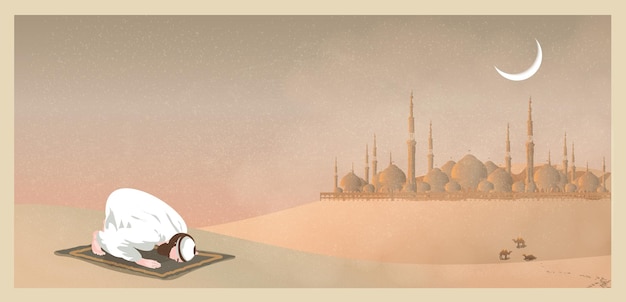 Illustrazione vettoriale del deserto arabo. Vettore di moschea, polvere, sabbia, deserto, cammelli una preghiera prega dio