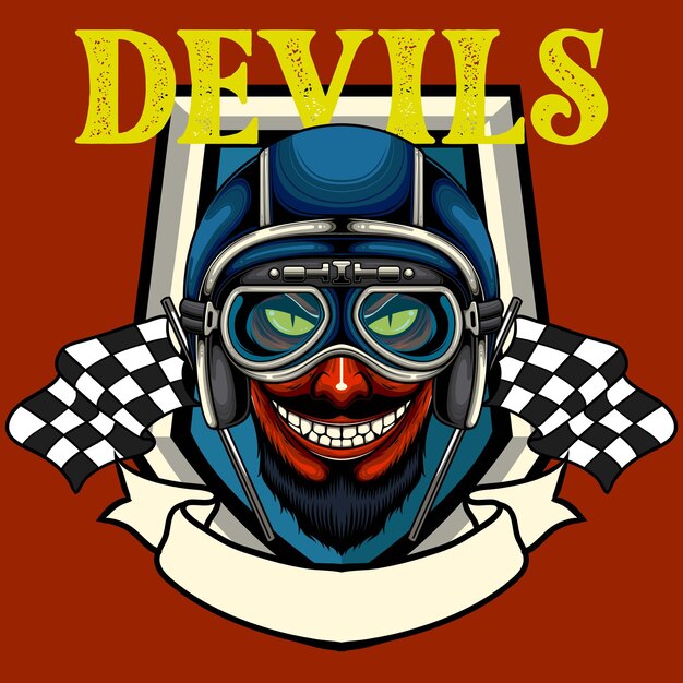 Illustrazione vettoriale del diavolo che indossa il casco da motociclista in stile vintage
