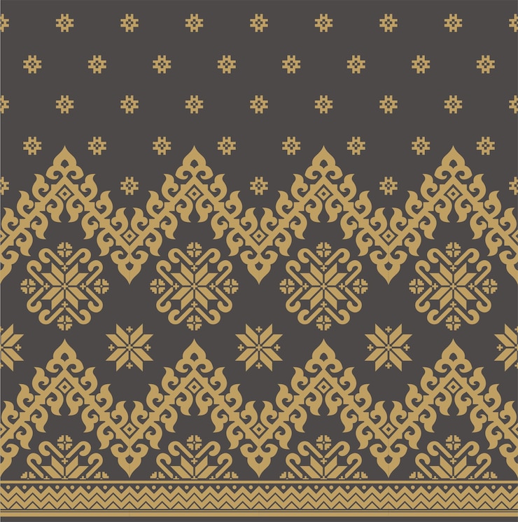 Vettore illustrazione vettoriale del disegno in oro con motivo di tessuto tessuto indonesiano riau malay songket