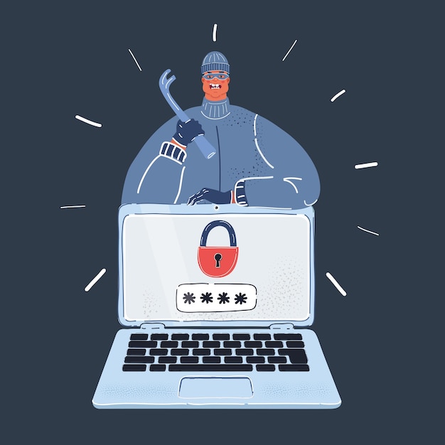 Illustrazione vettoriale del furto di dati Hacker irrompe nel computer Cyberattaccante che cerca di hackerare il computer Intruso uomo con maschera e grande schermo portatile sullo sfondo scuro