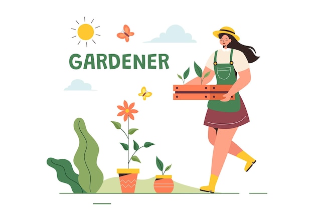 Illustrazione vettoriale del giardiniere con strumenti da giardino Agricoltura e coltivazione di verdure in un giardino botanico estivo sfondo di cartone animato in stile piatto