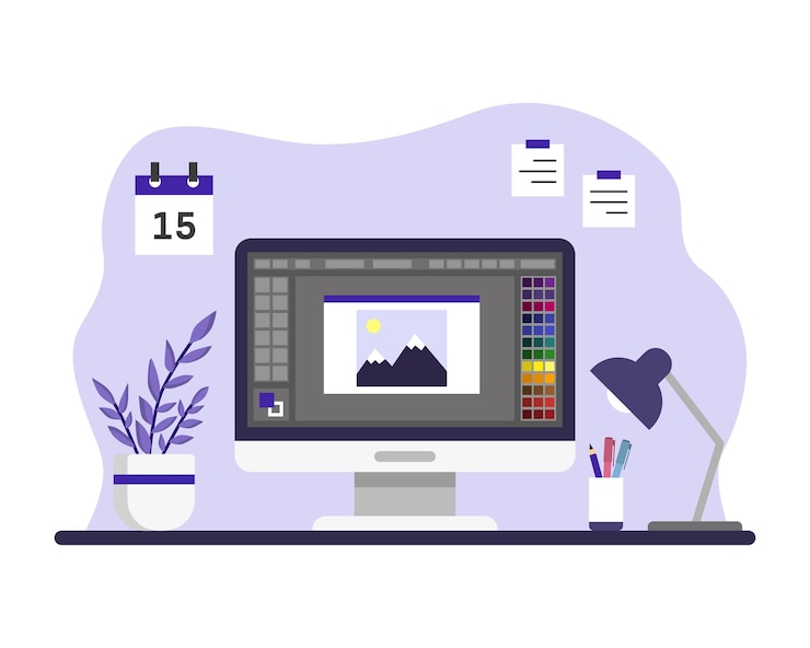 Vettore illustrazione vettoriale del graphic designer software su sfondo isolato concetto di segno dell'area di lavoro