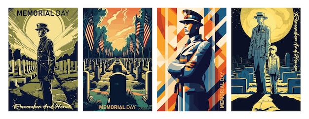 Illustrazione vettoriale del Memorial Day Soldato della bandiera degli Stati Uniti nel cimitero e un bambino il giorno del memoriale Design di biglietti di auguri e manifesti retro