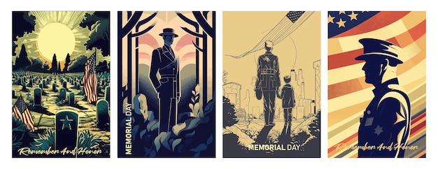 Illustrazione vettoriale del Memorial Day Soldato della bandiera degli Stati Uniti nel cimitero e un bambino il giorno del memoriale Design di biglietti di auguri e manifesti retro