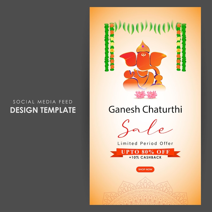 Vettore illustrazione vettoriale del modello di mockup di feed di storie di social media happy ganesh chaturthi sale