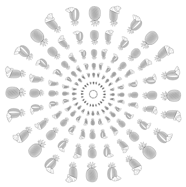 Illustrazione vettoriale del motivo rotondo a forma di ananas in nero su sfondo bianco isolato