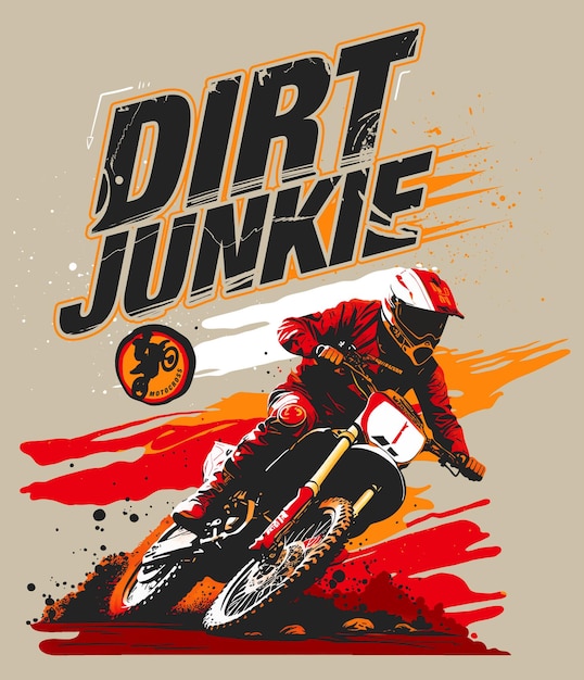 Illustrazione vettoriale del pilota di motocross con sfondo pennello grunge e tipografia drogato sporco