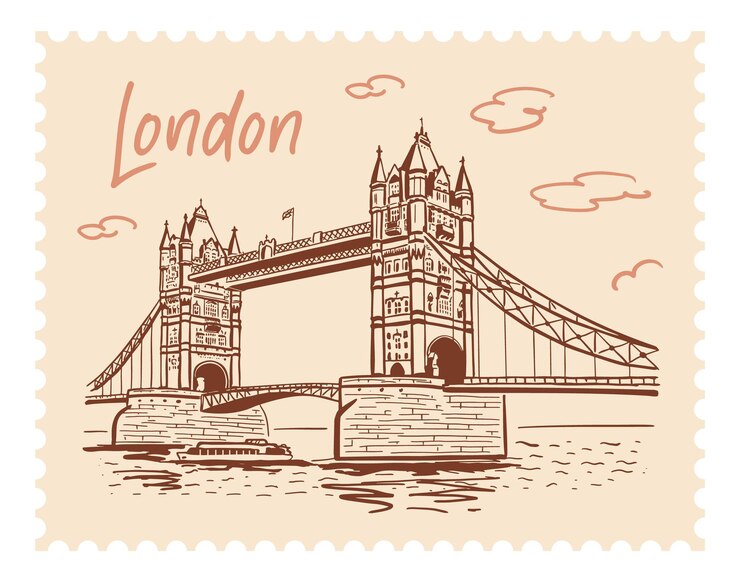 Illustrazione vettoriale del ponte della torre in stile schizzo a mano punti di riferimento di Londra su un francobollo
