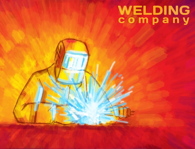 Illustrazione vettoriale del processo di saldatura costruzione industriale con una mano di lavoratore che produce metallo