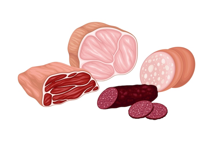 Vettore illustrazione vettoriale del prodotto a base di carne con lastre di manzo e prodotti a base di salsicce