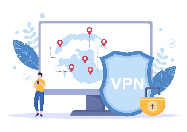 Illustrazione vettoriale del servizio di rete privata virtuale o VPN per proteggere i dati in smartphone o computer